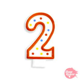 BIRTHDAY CANDLE WITH POLKA DOTS AND RED BORDER - NUMBER 2