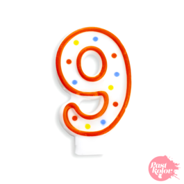 BIRTHDAY CANDLE WITH POLKA DOTS AND RED BORDER - NUMBER 9