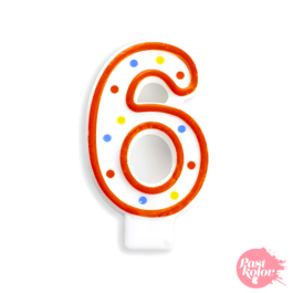 BIRTHDAY CANDLE WITH POLKA DOTS AND RED BORDER - NUMBER 6