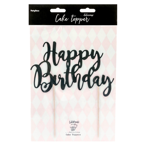PARTYDECO CAKE TOPPER - "HAPPY BIRTHDAY" BLACK