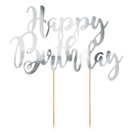 PARTYDECO CAKE TOPPER - "HAPPY BIRTHDAY" SILVER