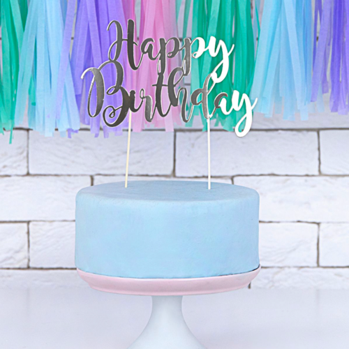 PARTYDECO CAKE TOPPER - "HAPPY BIRTHDAY" SILVER