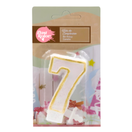 GOLD AND WHITE BIRTHDAY CANDLE WITH GLITTER - NUMBER 7