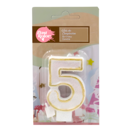 GOLD AND WHITE BIRTHDAY CANDLE WITH GLITTER - NUMBER 5
