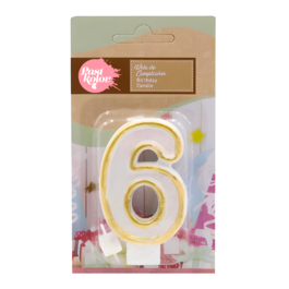 GOLD AND WHITE BIRTHDAY CANDLE WITH GLITTER - NUMBER 6