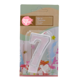 SILVER AND WHITE BIRTHDAY CANDLE WITH GLITTER - NUMBER 7