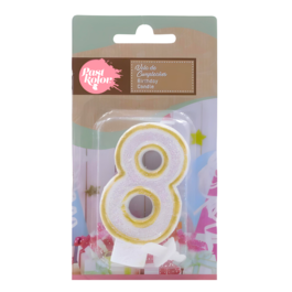 GOLD AND WHITE BIRTHDAY CANDLE WITH GLITTER - NUMBER 8