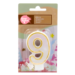 GOLD AND WHITE BIRTHDAY CANDLE WITH GLITTER - NUMBER 9