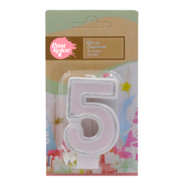 SILVER AND WHITE BIRTHDAY CANDLE WITH GLITTER - NUMBER 5