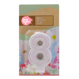 SILVER AND WHITE BIRTHDAY CANDLE WITH GLITTER - NUMBER 8