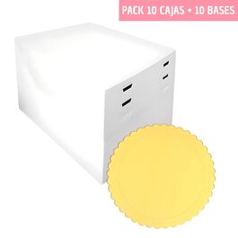 SET 10 HEIGHT ADJUSTABLE CAKE BOXES + ROUND BASES GOLD (1 MM) - 18 CM Ø