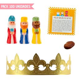 THREE KINGS CAKE KIT - GOLD CROWN, PORCELAIN KING, BEAN AND CARD (100 UNITS)